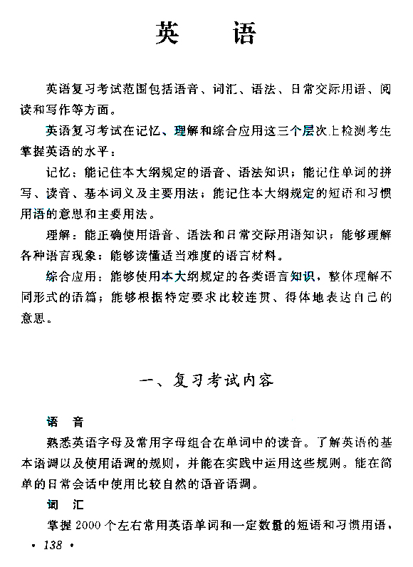 2015年成人高考高起點(diǎn)《英語(yǔ)》考試大綱