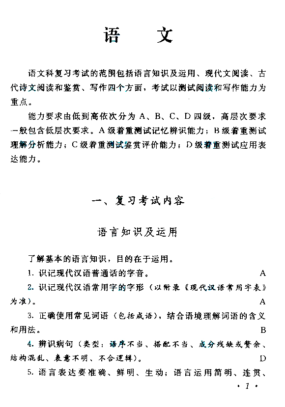 2015年成人高考高起點(diǎn)《語文》考試大綱